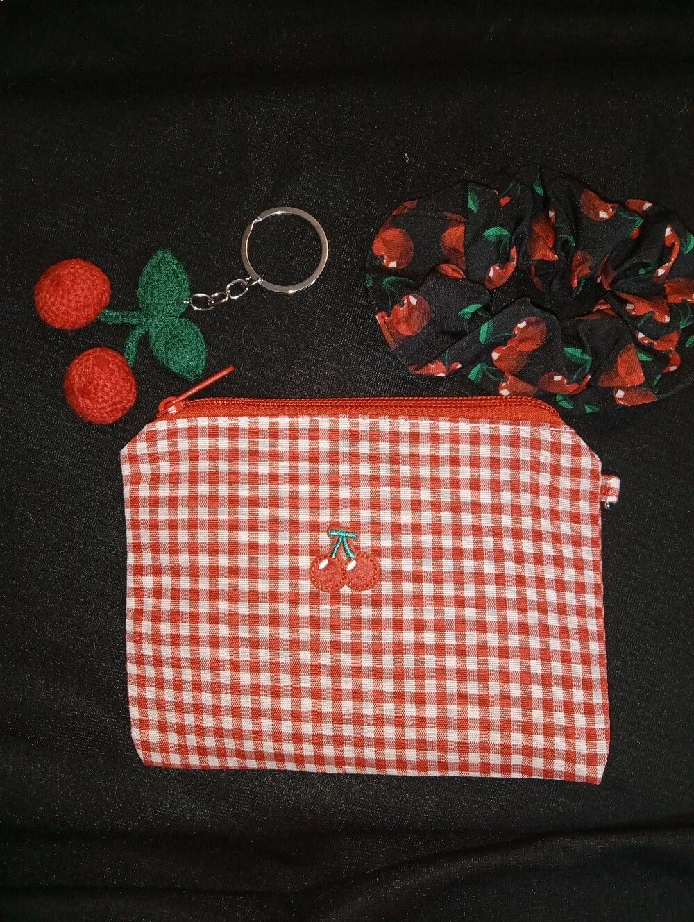 Cherry Gingham Zipper Pouch with Matching Scrunchie and Keychain